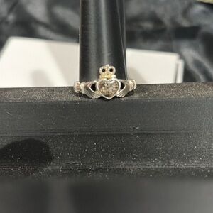 Sterling Silver Claddagh Heart Ring with Clear Stones - Silver
